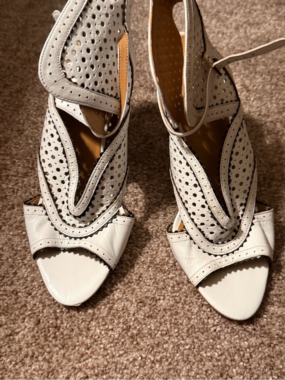 Nine West White Perforated Leather Ankle-Strap Heels
